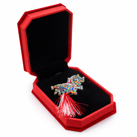 Martisoare - Brosa Fluture Martisor cu Pietre Multicolore si Snur Alb-Rosu si Cutie Catifea