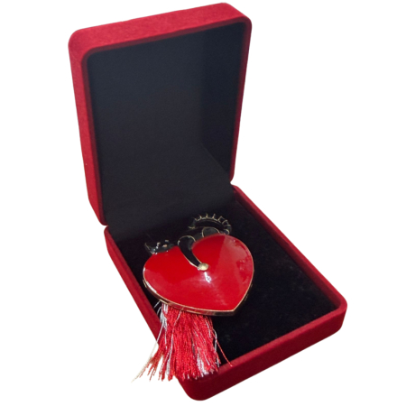 Martisoare - Brosa Inima Martisor cu Pisica Neagra si Email Rosu in Cutie de Catifea