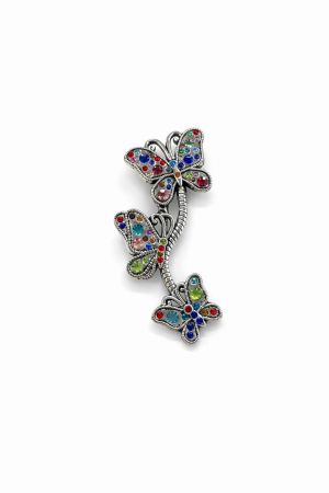 Martisoare - Brosa Martisor 3 Fluturi Multicolor Cristale 5x2cm Argintie Eleganta