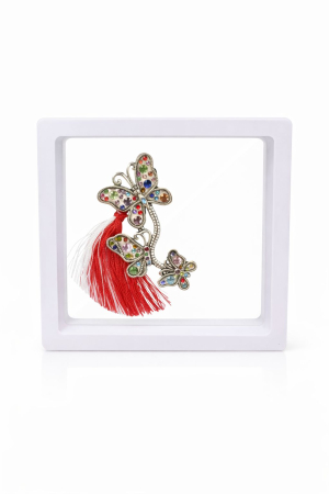 Martisoare - Brosa Martisor 5 cm, Fluturi cu cristale, in cutie 9x9 cm cu fereastra, cadou 1 Martie