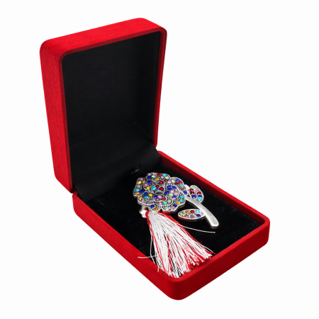 Martisoare - Brosa Trandafir Martisor cu Strasuri si Snur in Cutie de Catifea