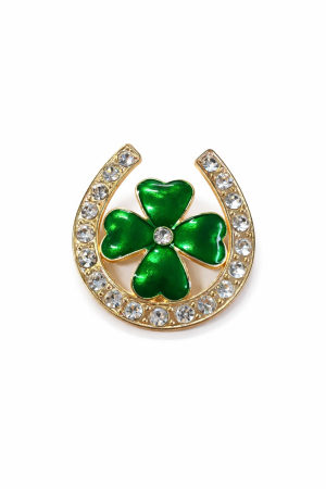 Martisoare - Brosa trifoi cu potcoava 4x4 cm, finisaj auriu cu pietre, simbol noroc cadou primavara