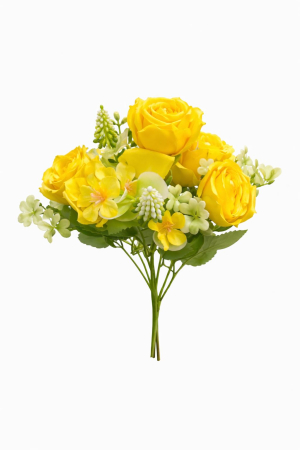 Flori Artificiale - Buchet artificial 4 trandafiri galbeni cu flori albe decorative