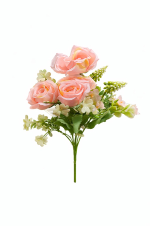 Flori Artificiale - Buchet artificial 4 trandafiri roz pal cu flori albe decorative