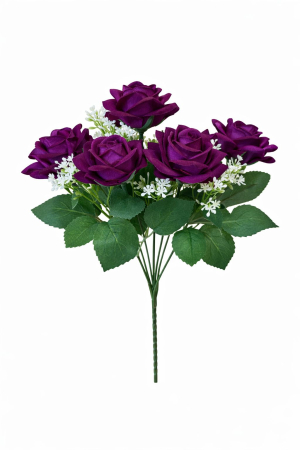Flori Artificiale - Buchet artificial deosebit cu 7 trandafiri catifelati mov intens si flori decorative 30 cm