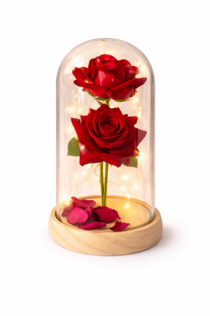 Cupole cu flori din plastic - CUPOLA CU 2 TRANDAFIRI Royal Love, LED Romantic, Baza din Lemn, Cadou Indragostiti