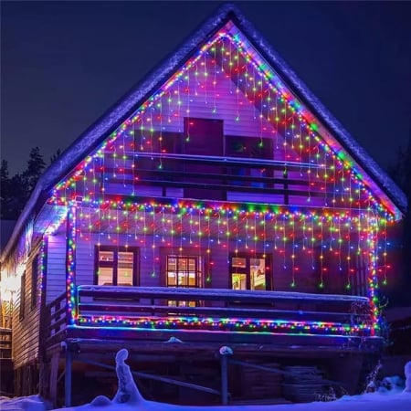 Instalatii tip ploaie, perdea, franjuri - Instalatie perdea ploaie 5m lungime x 1m înălțime, 240 LED-uri, multicoloră, interconectabila, fir alb, LED colorat,