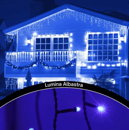 Instalatii tip ploaie, perdea, franjuri - Instalatie turturi cu 140 LED-uri, 7 metri, albastru, interconectabila,