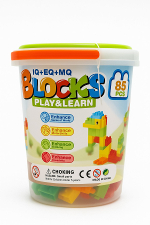 Jocuri si Jucarii - Set Blocuri de Construit Play & Learn – 85 Piese – Galetusa din Plastic – Dimensiuni Mari , 23.5x23cm