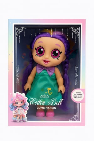 Papusi si accesorii - Papusa muzicala Cotton Doll cu Rochie Verde si Par Mov – Jucarie pentru Fetite, 28x20x10cm