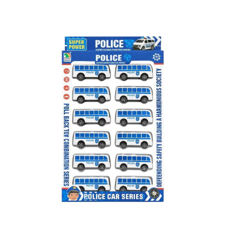 Vehicule, masinute, avioane, tancuri - Set 12 Autobuze Politie SWAT Pioneer Pull-Back – Jucarie Educativa Copii 3+ SUPER POWER