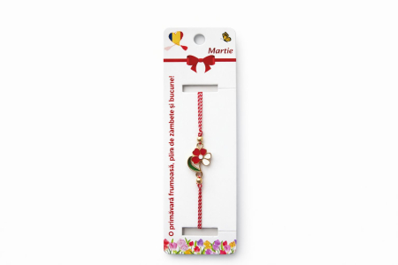 Martisoare - Set 12 bratari martisor cu floricica alb rosu, snur reglabil si detalii metalice