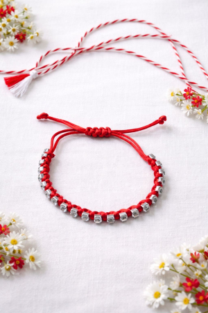 Martisoare - et de 20 de bratari martisor rosii cu margele argintii si snur reglabil