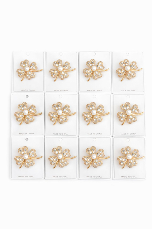 Martisoare - Set 12 Brose Martisor, 5 cm,Trifoi auriu cu cristale, Cadou 1 Martie