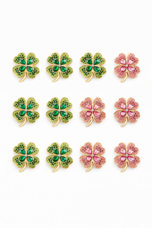 Martisoare - Set 12 brose Martisor, 5 cm, Trifoi cu cristale, Cadou 1 Martie