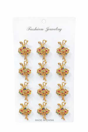 Martisoare - Set 12 brose Martisor pe carton prezentare, 17x10 cm, Cadou 1 Martie, Balerina cu strasuri