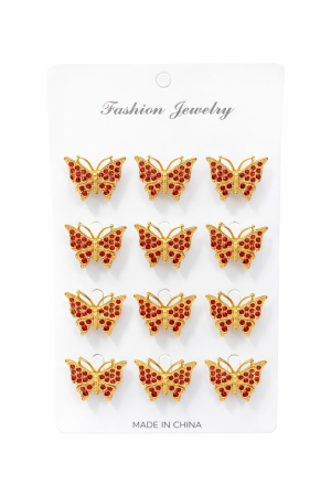 Martisoare - Set 12 brose Martisor pe carton prezentare, 17x10 cm, Cadou 1 Martie, Fluturi cu strasuri