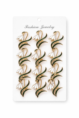 Martisoare - Set 12 brose Martisor pe carton prezentare, 17x10 cm, Cadou 1 Martie, Ghiocel auriu / negru