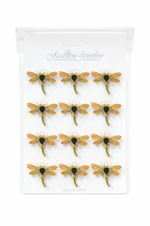 Martisoare - Set 12 brose Martisor pe carton prezentare, 17x10 cm, Cadou 1 Martie, Libelula auriu / portocaliu