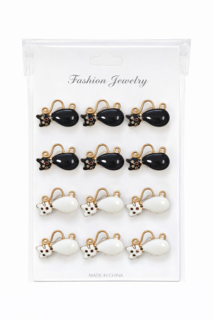 Martisoare - Set 12 brose Martisor pe carton prezentare, 17x10 cm, Cadou 1 Martie, Pisica alb / negru