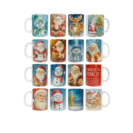 Cani tematice Craciun - Set 12 Cana Craciun – Modele Mix Random, Ceramica Premium, 330 ml – Cadou Sarbatori