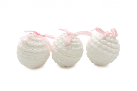 Globuri - Set 12 globuri albe cu fundita roz pentru brad, 9 cm per bucata, model pufos elegant