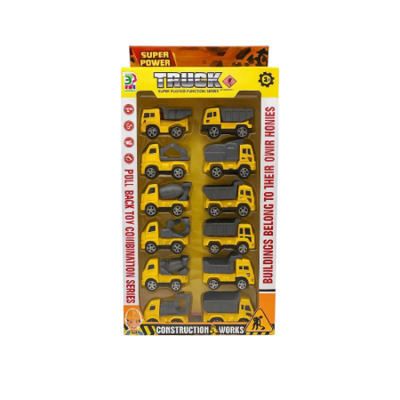 Vehicule, masinute, avioane, tancuri - Set 12 Masinute Constructii Pull-Back Super Power – Mini Utilaje Jucarie Educativa Copii 3+