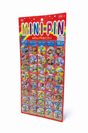 Martisoare - Set 40 insigne rotunde 3 cm cu personaje vesele, ambalaj 13x38 cm