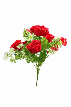 Flori Artificiale - Buchet artificial 4 trandafiri rosii cu flori albe decorative