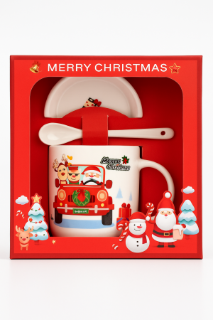 Cani tematice Craciun - Set Cana Ceramica cu Lingurita si Farfuriuta, Tematica de Craciun, în Cutie Cadou –17.5x15x9cm