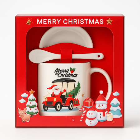 Cani tematice Craciun - Set Cana Ceramica cu Lingurita si Farfuriuta, Tematica de Craciun, în Cutie Cadou –17.5x15x9cm