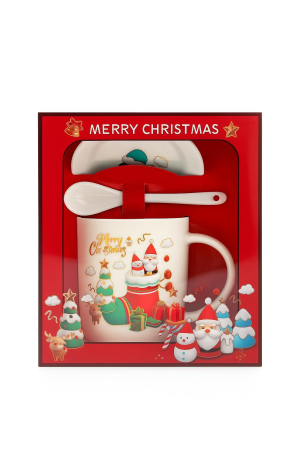 Cani tematice Craciun - Set Cana Ceramica cu Lingurita si Farfuriuta, Tematica de Craciun, în Cutie Cadou –17.5x15x9cm