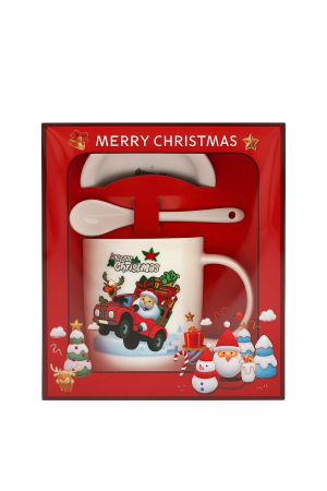 Cani tematice Craciun - Set Cana Ceramica cu Lingurita si Farfuriuta, Tematica de Craciun, în Cutie Cadou –17.5x15x9cm