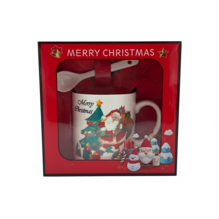 Cani tematice Craciun - Set Cana Ceramica cu Lingurita, Tematica de Craciun, în Cutie Cadou – 14x14x8.5cm