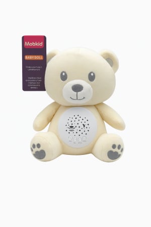 Jucarii interactive - Jucarie de Plus cu Proiectie Luminoasa si Sunete Blânde – Ursulet Baby Doll, 26x20x14cm