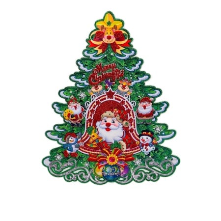 Decoratiuni si ornamente de Craciun - Sticker decorativ Craciun brad 3D cu Mos Craciun si om de zapada 40x32 cm