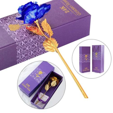 Flori Artificiale - Trandafir decorativ albastru in cutie eleganta, cadou premium cu punguta inclusa