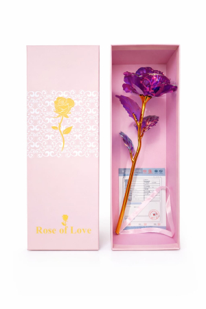 Aranjamente florale - Trandafir decorativ mov cu tulpina aurie in cutie 26x9x6 cm, cadou primavara elegant