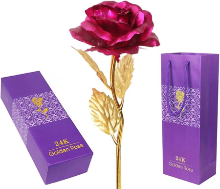 Flori Artificiale - Trandafir decorativ roz fucsia in cutie eleganta, cadou premium cu punguta inclusa