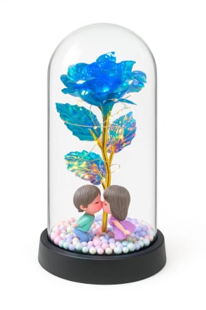 Idei de Cadouri - Trandafir Etern Albastru in Cupola Plastic 20 cm Lumini LED – Figurine Indragostiti Cutie Cadou