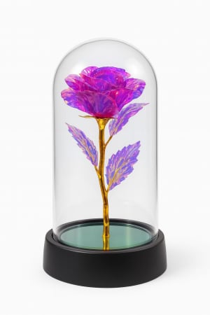 Idei de Cadouri - Trandafir Etern in Cupola Plastic 15 cm Lumini LED – Violet Irizat Baterii Incluse Cutie Cadou