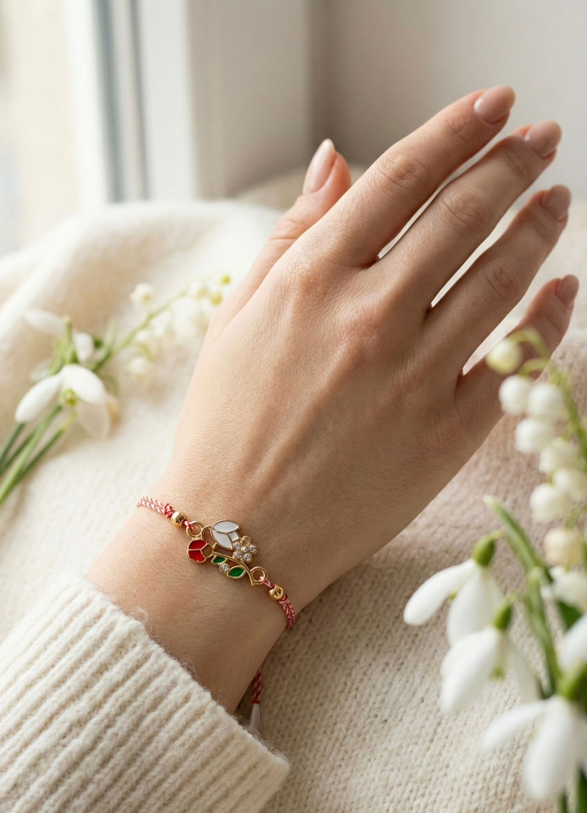 Set 12 bratari martisor cu ghiocel si buburuza, snur rosu alb, ambalate individual [2]