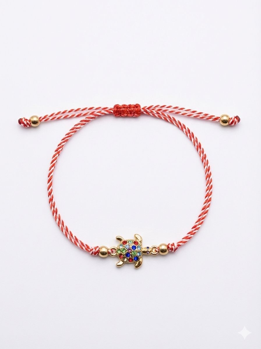 Set 12 bratari martisor testoasa aurie cu strasuri colorate, snur alb rosu, 20x11cm [1]