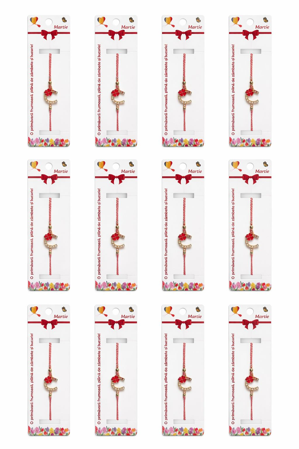 Set 12 Bratari Martisor Potcoava Aurie cu Trifoi Rosu Snur Alb Rosu reglabil [4]