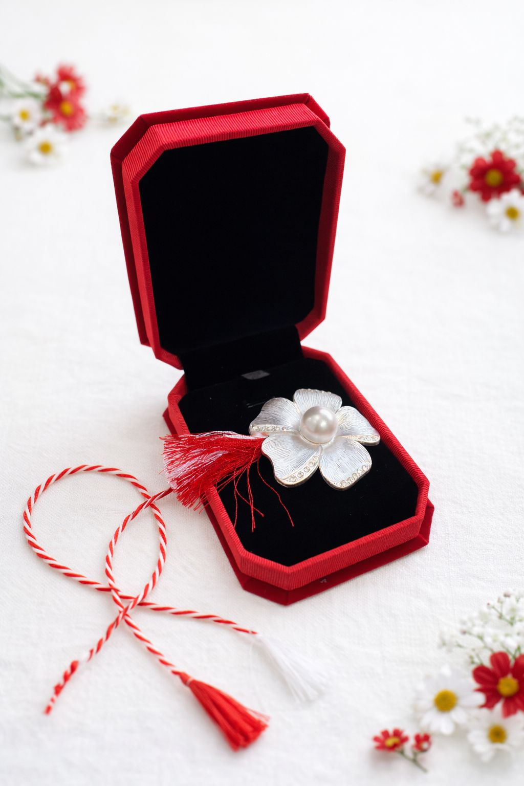 Brosa floare alba cu strasuri si perla, martisor elegant, cutie 10x7.5x3 cm [1]