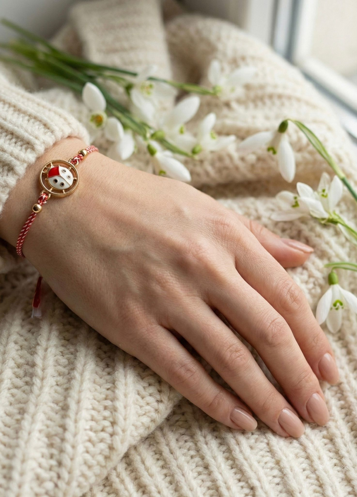 Set 12 Bratari Martisor Buburuza in Medalion Auriu, Snur Rosu Reglabil, 20x11 cm [2]