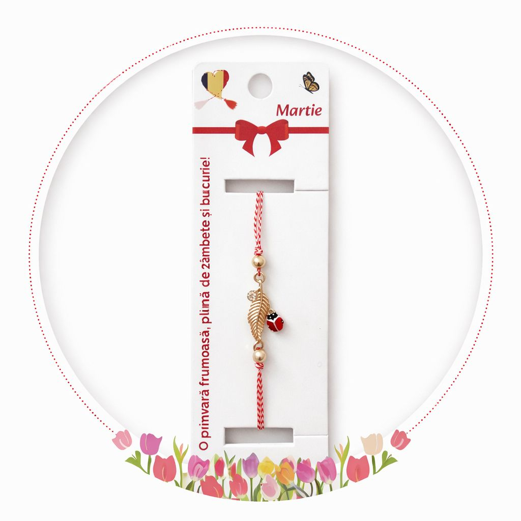 Set 12 Bratari Martisor Frunza Aurie cu Buburuza Snur Alb Rosu [4]