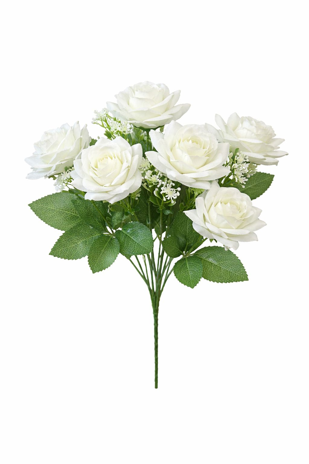 Buchet artificial deosebit cu 7 trandafiri catifelati alb pur si flori decorative 30 cm