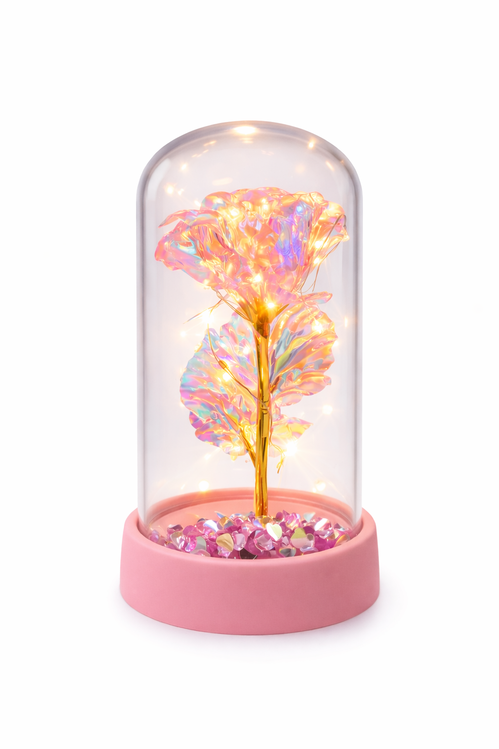 Cupola decorativa cu floare artificiala LED si pietricele ornamentale, baterii incluse, 14.5 x 7 cm