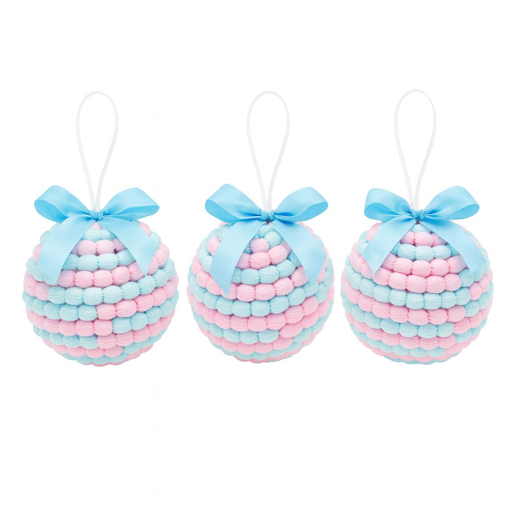 Set 12 globuri pastel albastru roz pentru brad, 9 cm per buc, model pufos cu fundita